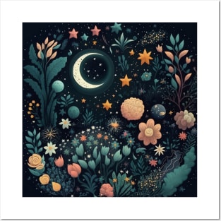 Celestial Bohemian Flowers Aesthetic Design Stars Moon Floral Cosmic Pattern Posters and Art